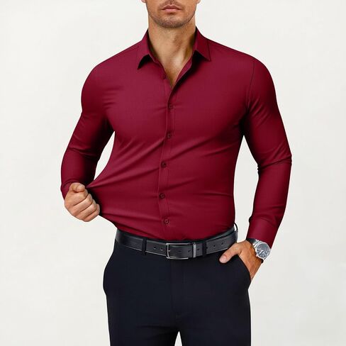 Mens Dress Shirts Muscle Long Sleeve Button Down Blouses Classic Solid Wrinkle-Free Formal Office Tops Dress Shirt in Saudi Arabia