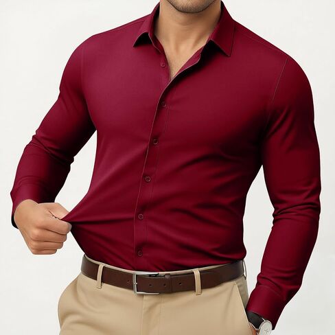 Mens Dress Shirts Muscle Long Sleeve Button Down Blouses Classic Solid Wrinkle-Free Formal Office Tops Dress Shirt in Saudi Arabia