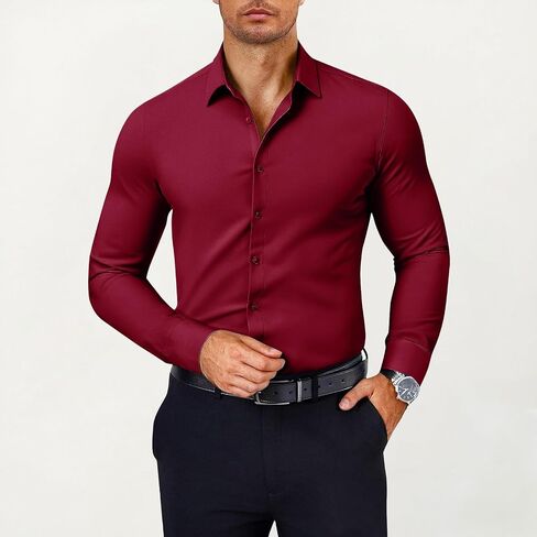Mens Dress Shirts Muscle Long Sleeve Button Down Blouses Classic Solid Wrinkle-Free Formal Office Tops Dress Shirt in Saudi Arabia