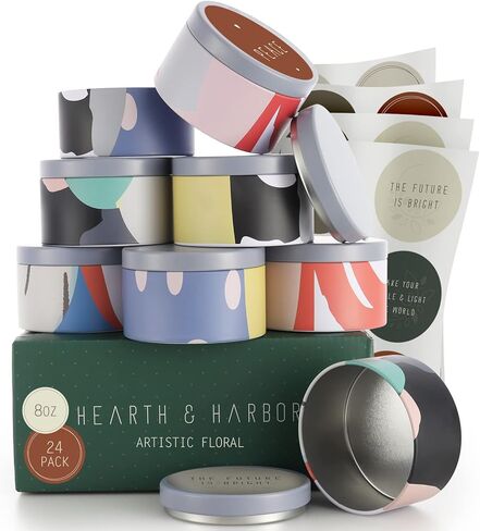 Hearth & Harbor Tin Candle Jars for Making Candles - DIY Candle Containers with Lids - Metal Candle Jars - Bulk Tins Storage for Candle - 8 Ounces - 24 Pieces - Artistic Floral in Saudi Arabia
