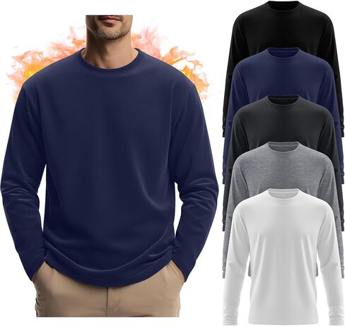 5 Pcs Men's Long Sleeve Thermal Shirts Crew Neck Casual Fleece Tops Soft Pullover Sweatshirts Warm Basic Tees in Kuwait