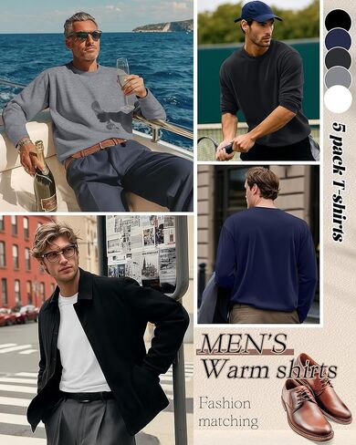 5 Pcs Men's Long Sleeve Thermal Shirts Crew Neck Casual Fleece Tops Soft Pullover Sweatshirts Warm Basic Tees in Kuwait