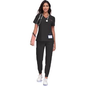 Scrubs For Women Set -V-Neck Scrub TOP Contrast Pocket & Jogger Pants With 11 Pockets in Saudi Arabia