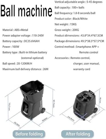 Fully Automatic Tennis Ball Machine with Remote Control, 115 Balls Capacity, Adjustable Speed 20-120KM/H, Max Serving Distance 26M, 5-45° Angle for Ultimate Training Experience. in Saudi Arabia