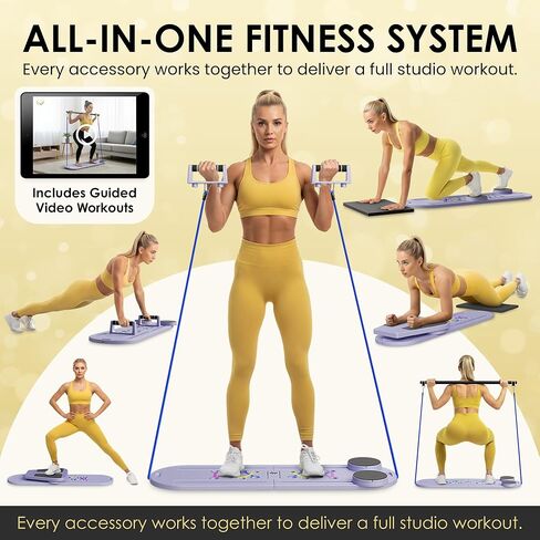 لوحة بيلاتيس ريفورمر، مجموعة لوحة بيلاتيس 7 في 1 قابلة للطي مع مؤقت، تدريبات منزلية موجهة مع أشرطة مقاومة وكرة - في المنزل آلة بيلاتيس ريفورمر AB الأساسية، معدات تمارين اللياقة البدنية المنزلقة in Kuwait