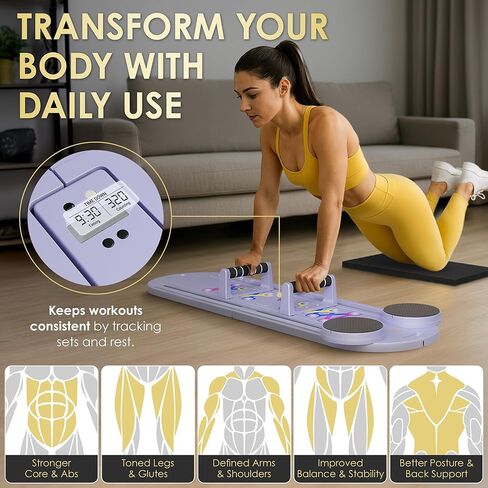 لوحة بيلاتيس ريفورمر، مجموعة لوحة بيلاتيس 7 في 1 قابلة للطي مع مؤقت، تدريبات منزلية موجهة مع أشرطة مقاومة وكرة - في المنزل آلة بيلاتيس ريفورمر AB الأساسية، معدات تمارين اللياقة البدنية المنزلقة in Kuwait