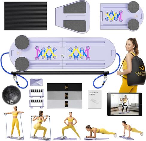 لوحة بيلاتيس ريفورمر، مجموعة لوحة بيلاتيس 7 في 1 قابلة للطي مع مؤقت، تدريبات منزلية موجهة مع أشرطة مقاومة وكرة - في المنزل آلة بيلاتيس ريفورمر AB الأساسية، معدات تمارين اللياقة البدنية المنزلقة in Kuwait