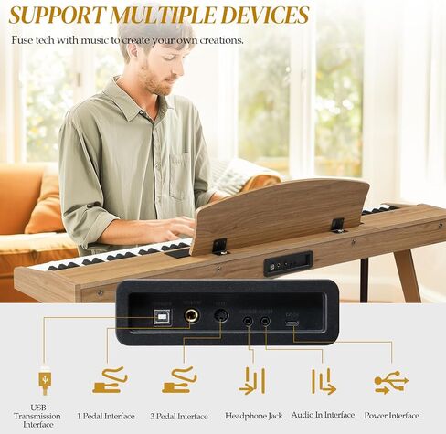Ktaxon 88 Key Weighted Keyboard with 64 Polyphony, 128 Rhythms, 128 GM Tones & 3 Pedal Unit, Piano Keyboard with Adjustable Bench, Multi-External Interfaces, Bluetooth MIDI for Beginners(Natural) in Saudi Arabia