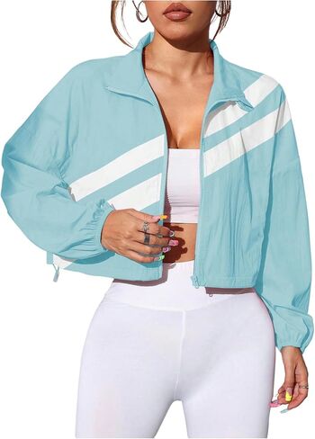 OYOANGLE Women's Zip Up Cropped Running Jackets Color Block Drawstring Sports Coat Long Sleeve Light Outerwear in Saudi Arabia