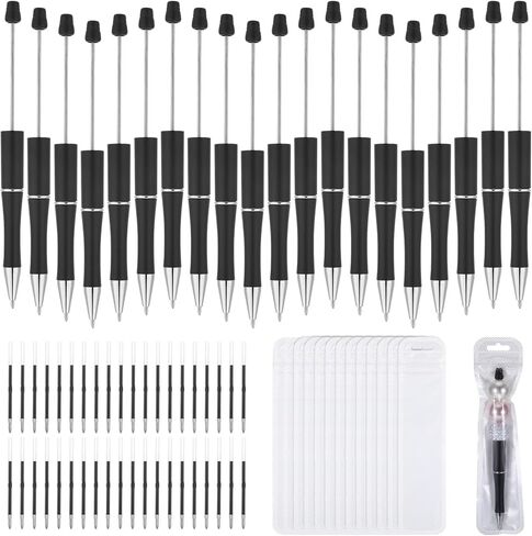 20 PCS Beadsable Pens Bens ، أقلام من البلاستيك بالخرز مع حبر أسود 40 بكسل ، وأقلام DIY PEN DIY للخرز من أجل الهدايا للأطفال والطلاب ، واللوازم المدرسية المكتبية (أسود) in Kuwait