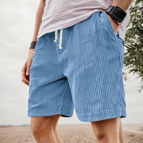 Men's Casual Corduroy Shorts, 7 Inch Elastic Drawstring Summer Beach Short Lightweight Loose Fit Short with Pockets in Saudi Arabia