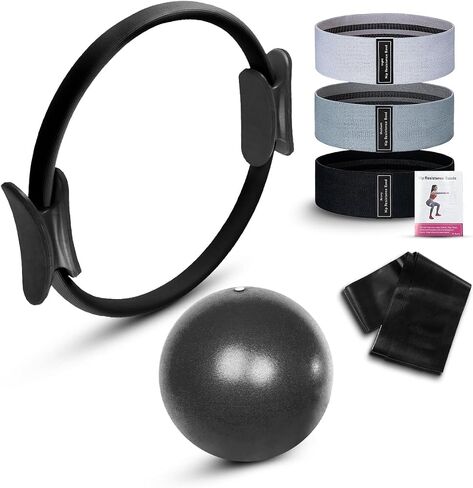 Pilates Ring Set - Essentials Kit with Magic Circle Pilates Ring, 3 Resistance Bands, Stretching Strap, Mini Exercise Ball, Exercise Guide, Fitness Essentials Starter Kit for Home Workout in Saudi Arabia