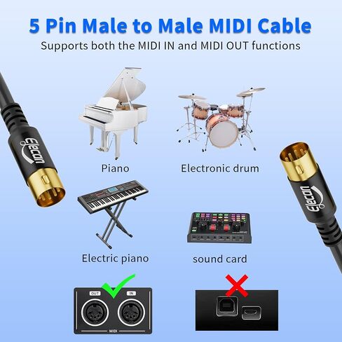 كابل Elecan 5 Pin DIN MIDI بطول 4 أقدام، كبل أداة سلك صوت MIDI ذكر ممتاز، OFC، محمي، مطلي بالذهب، بولي كلوريد الفينيل الناعم للوحة مفاتيح MIDI، جهاز المزج، أخذ العينات، البيانو الإلكتروني، الطبل ومعدات الموسيقى + 5 روابط in Kuwait