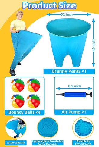 6 PCS Granny Pants Yard Game Set, Oversized Blue Pants with 4 Colorful Bouncy Balls & 1 Air Pump, Outdoor Tossing Games for Adults Family Birthday Christmas Party Backyard Reunion Gatherings in Saudi Arabia
