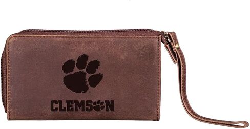 محفظة معصم من الجلد البني لجامعة تيم سبورتس أمريكا NCAA Clemson University للنساء| محفظة بمقبض للهاتف بسحاب للإغلاق مع حزام معصم | شعار مختوم مرخص رسميًا | يتضمن صندوق الهدايا in Kuwait