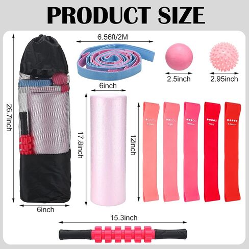 Soulchen 11 Pcs Pink 7 In1 Foam Roller Set Foam Back Roller Massage Stick Exercise Resistance Elastic Bands Plantar Fasciitis Ball Spiky Massager Ball with Bag for Physical Body Therapy Yoga Pilates in Saudi Arabia