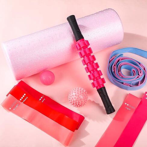 Soulchen 11 Pcs Pink 7 In1 Foam Roller Set Foam Back Roller Massage Stick Exercise Resistance Elastic Bands Plantar Fasciitis Ball Spiky Massager Ball with Bag for Physical Body Therapy Yoga Pilates in Saudi Arabia