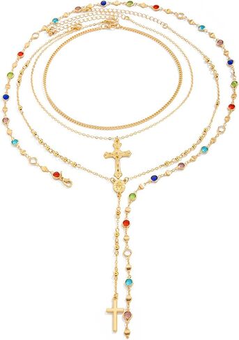 Crystal Bead Necklace for Women Cross Pendant Clavicle Necklace Summer Long Tassel Chest Chain Jewelry Layered Rhinestone Neck Chain in Saudi Arabia
