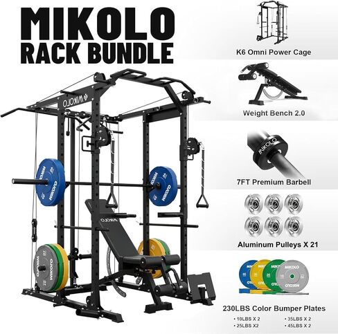 قفص Mikolo K6 فائق الطاقة مع ألواح وزن 230 رطل، ورف طاقة مع نظام بكرة ألومنيوم، ورف قرفصاء 1500 رطل مع نظام سحب LAT، ومدرب وظيفي لصالة الألعاب الرياضية المنزلية in Kuwait