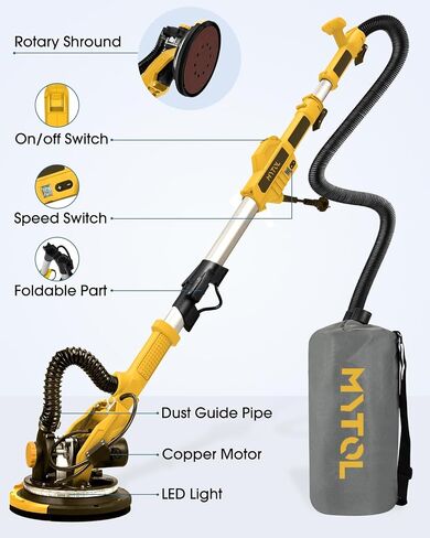 Drywall Sander, MYTOL 7.2A Electric Wall Sander with Vacuum Dust Collection, 6 Adjustable Speeds 900-1800RPM, LED Light, Extendable Handle, Foldable Electric Drywall Sanders 12Pcs Sanding discs-Grey in Kuwait