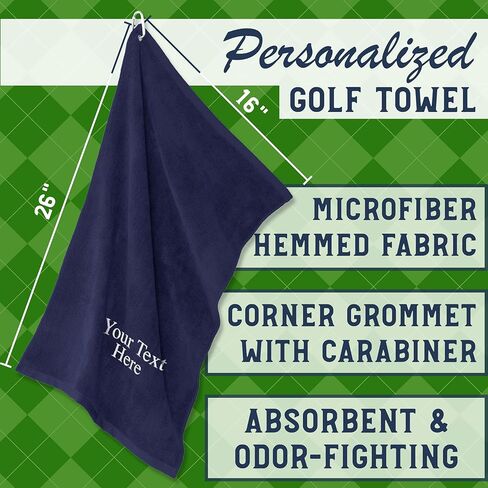 منشفة جولف مخصصة مع اسم مطرز وتصميم جولف - منشفة حقيبة جولف مخصصة مع مشبك، 26x16 ميكروفايبر - هدية لمحبي الجولف in Kuwait