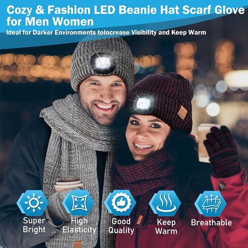 مجموعة وشاح قفازات قبعة صغيرة LED، قبعة شتوية مع قبعات مصابيح أمامية مدمجة خفيفة، وشاح طويل وقفازات تعمل باللمس، مجموعة هدايا دافئة 3 في 1 in Kuwait