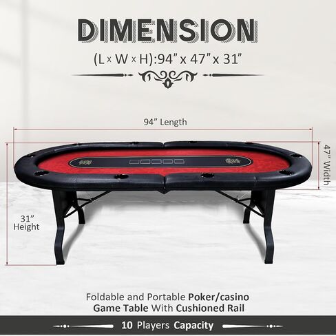 GUTSHOT Foldable Poker Table for 10 Players - Premium Soft-Padded Armrest, Individual Cup Holders, Portable Mat - Crafted with Durable Materials, Long-Lasting Poker Table (Red) in Saudi Arabia