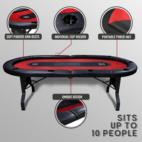 GUTSHOT Foldable Poker Table for 10 Players - Premium Soft-Padded Armrest, Individual Cup Holders, Portable Mat - Crafted with Durable Materials, Long-Lasting Poker Table (Red) in Saudi Arabia