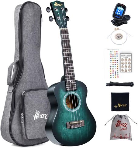 Winzz Ukulele Concert 23 بوصة أزرق وأخضر، طقم القيثارة للمبتدئين للبالغين والأطفال، تصميم فريد من نوعه بالألوان in Kuwait