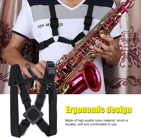 Saxophone Chest Shoulder Strap, Ergonomic Design Adjustable Nylon Sax Strap Harness Musical Instrument Accessory for Small Large Sax, Black in Saudi Arabia