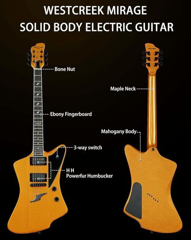 WestCreek Mirage Solid Body Electric Guitar, Mahogany Body, Maple Neck, Ebony Fretboard, Rounded End Frets, Bone Nut, 24 Frets (Black) in Kuwait