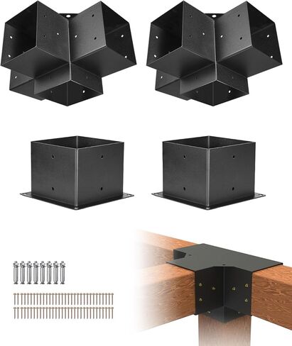 VEVOR Pergola Bracket Kit 4''x4''(Inner Size 3.6x3.6), 4pcs 3-Way Heavy Duty Corner Bracket Woodworks DIY Post Base Kit, Easy Installation Wooden Beams for Gazebos, Patio Pergolas, Log Cabin Outdoor in Saudi Arabia