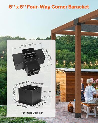 VEVOR Pergola Bracket Kit 4''x4''(Inner Size 3.6x3.6), 4pcs 3-Way Heavy Duty Corner Bracket Woodworks DIY Post Base Kit, Easy Installation Wooden Beams for Gazebos, Patio Pergolas, Log Cabin Outdoor in Saudi Arabia