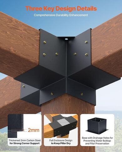VEVOR Pergola Bracket Kit 4''x4''(Inner Size 3.6x3.6), 4pcs 3-Way Heavy Duty Corner Bracket Woodworks DIY Post Base Kit, Easy Installation Wooden Beams for Gazebos, Patio Pergolas, Log Cabin Outdoor in Saudi Arabia