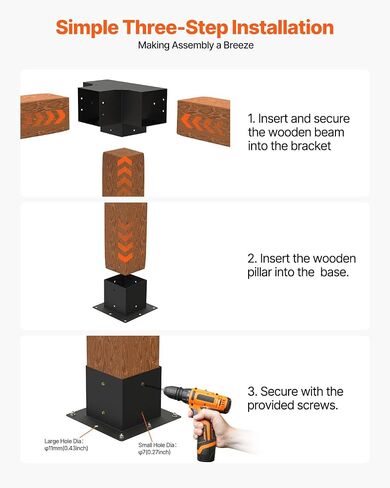 VEVOR Pergola Bracket Kit 4''x4''(Inner Size 3.6x3.6), 4pcs 3-Way Heavy Duty Corner Bracket Woodworks DIY Post Base Kit, Easy Installation Wooden Beams for Gazebos, Patio Pergolas, Log Cabin Outdoor in Saudi Arabia
