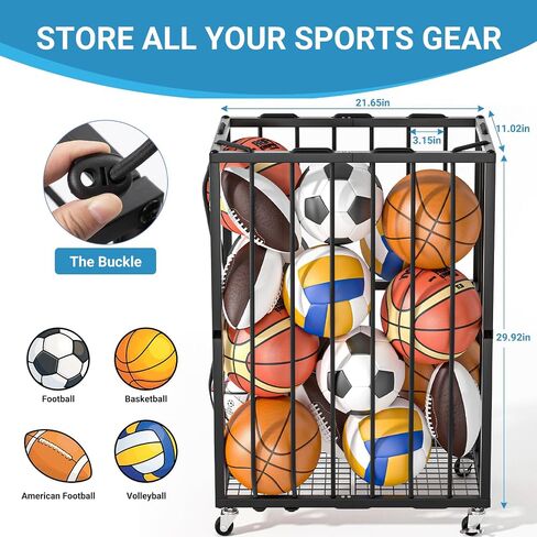 Ball Sports Organizer Storage Cart, Garage Metal Rolling Bin with Thicker Elastic Rope, Ball Holder Rack with Wheels for Volleyball, Basketball, Football, Toys, Gym, Outdoor & Indoor Equipment Storage in Saudi Arabia