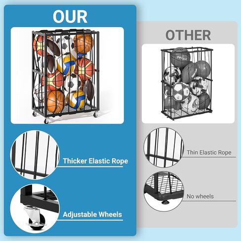Ball Sports Organizer Storage Cart, Garage Metal Rolling Bin with Thicker Elastic Rope, Ball Holder Rack with Wheels for Volleyball, Basketball, Football, Toys, Gym, Outdoor & Indoor Equipment Storage in Saudi Arabia