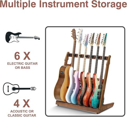 حامل جيتار خشبي متعدد لـ 5 جيتار صوتي أو كهربائي أو جيتار باس - حامل من الخشب الصلب مع شاشة أرضية مبطنة، لوح خشبي بسمك 18 مم in Kuwait