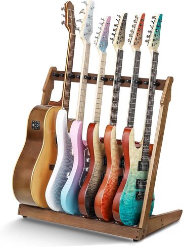 حامل جيتار خشبي متعدد لـ 5 جيتار صوتي أو كهربائي أو جيتار باس - حامل من الخشب الصلب مع شاشة أرضية مبطنة، لوح خشبي بسمك 18 مم in Kuwait
