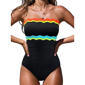 popvil Bandeau Tummy Control One Piece Swimsuit for Women Neon Strapless Bathing Suit in Saudi Arabia