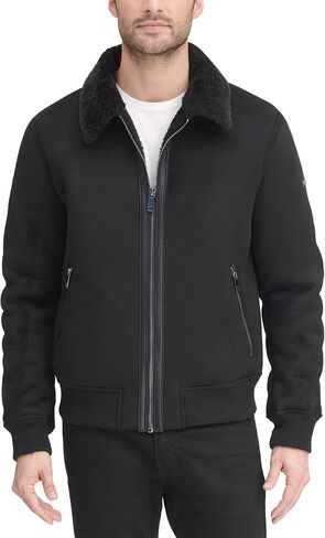 DKNY Men's Shearling Bomber Jacket with Faux Fur Collar in Kuwait