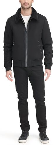 DKNY Men's Shearling Bomber Jacket with Faux Fur Collar in Kuwait