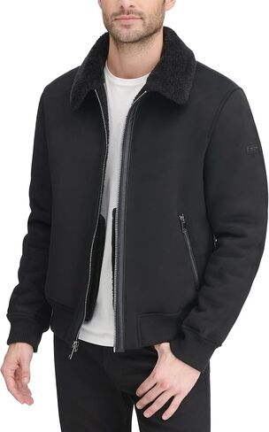 DKNY Men's Shearling Bomber Jacket with Faux Fur Collar in Kuwait