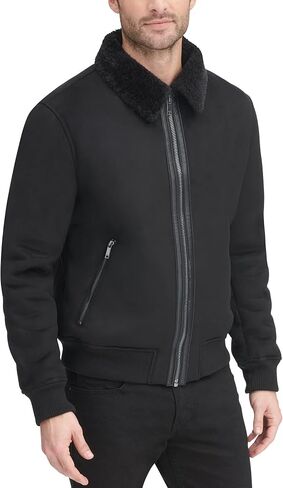 DKNY Men's Shearling Bomber Jacket with Faux Fur Collar in Kuwait