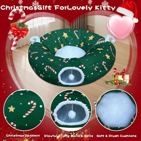 سرير نفق Cattty Cat تحت شجرة عيد الميلاد 3ft × 3ft × 9.8in - أسلوب عيد الميلاد الزخرفي مع أنماط الصندوق - اللون الأحمر مثالي للفنون الاحتفالية الحيوانات الصغيرة in Saudi Arabia