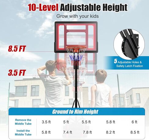 GYMAX Portable Basketball Hoop, 5 FT to 10 FT Adjustable Basketball Goal with 10 Heights, All Weather Basketball Stand System with Weight Bag & Wheels, for Youth Adult, Indoor Outdoor Pool, Court in Saudi Arabia