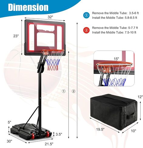 GYMAX Portable Basketball Hoop, 5 FT to 10 FT Adjustable Basketball Goal with 10 Heights, All Weather Basketball Stand System with Weight Bag & Wheels, for Youth Adult, Indoor Outdoor Pool, Court in Saudi Arabia