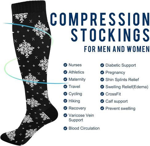 جورب ضغط لعيد الميلاد باللون الأحمر على شكل ندفة الثلج للنساء والرجال، يدعم بشكل مضحك جوارب طويلة إلى الركب، للجري، والممرضات، والسفر in Kuwait