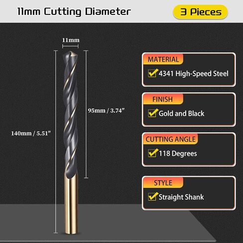 Drill Bit, 6.5mm Cutting Diameter, 4341 HSS Gold and Black 118° Cutting Angle Number Jobber Bits - (Applications: for Drilling Soft Metal Plastic Wood), 2-Pieces in Saudi Arabia