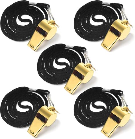 5 Pcs Stainless Steel Gold Whistle with Lanyard, Loud Crisp Sound Stainless Steel Sport Whistle, Referee Coach Whistles, Sports Whistles for Coaches, Referees, Emergency Outdoor Sports in Saudi Arabia